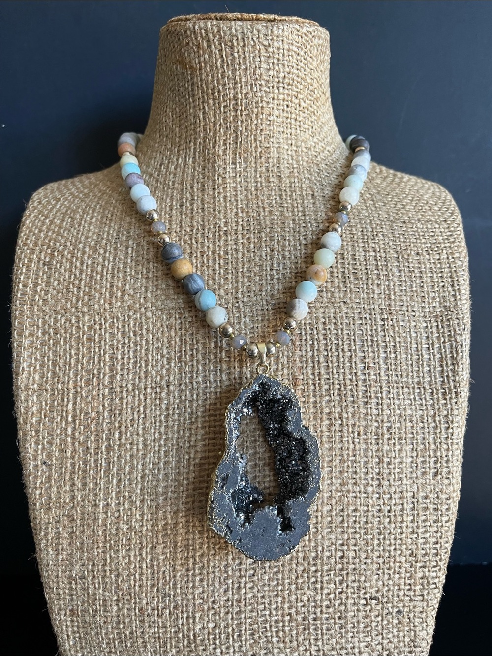 Beaded Amazonite Necklace with Black Druzy Geode Pendant